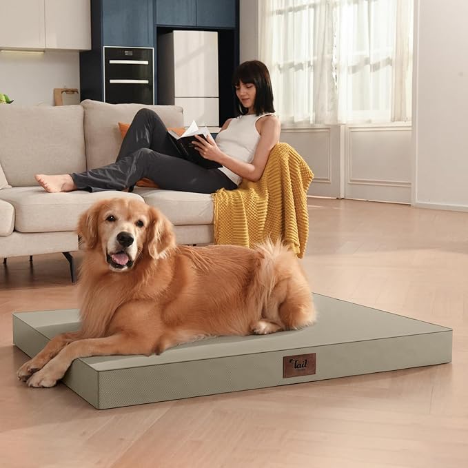 Outdoor Dog Bed for Small Dogs & Cats, Waterproof Dog Crate Mat Orthopedic Egg Crate Foam with Washable Removable Oxford Cover, Khaki