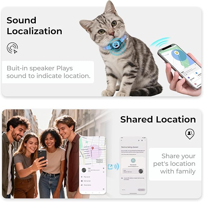 GPS Cat Tracker Collar(iOS & Android), Bluetooth Mini GPS Dog Tracker, Smart Pet Activity Tracker, No Monthly Fee, Work with Apple Find My & Google Find Hub, Finder Tag for Pets,Items M5 2P Blue