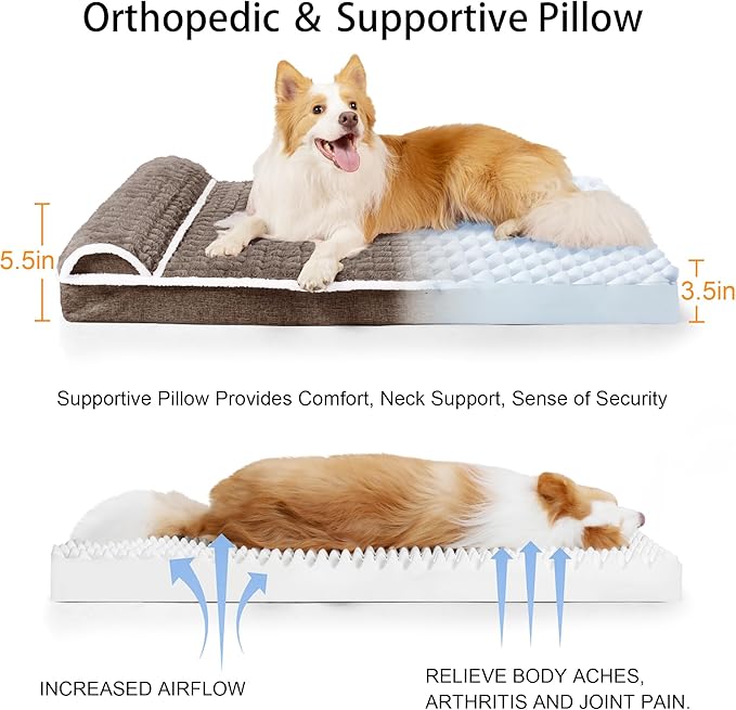 Orthopedic XL Dog Bed Large Sized Dog with Pillow 42''X28'', Waterproof Soft Comfortable Egg Crate Foam Pet Crate Beds Mat with Removable Washable Cover and Non-Slip Bottom, Taupe