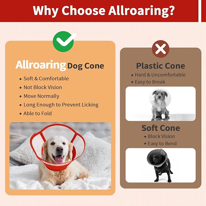 Allroaring Dog Cone Collar, Soft Dog Cones for Medium Dogs After Surgery, Adjustable Pet Cone for Dogs to Stop Licking, Breathable Doggie Elizabethan Collar for Wound Care Spay Neuter, Red M