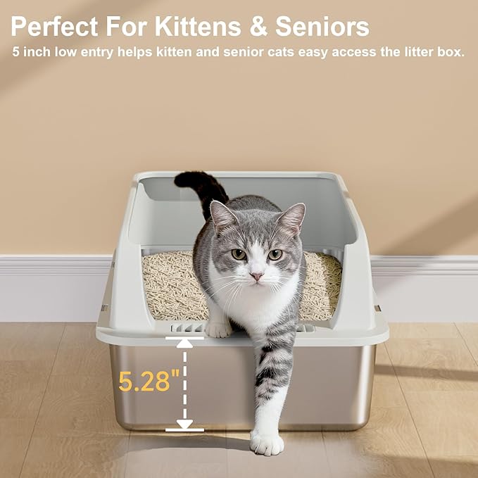 TENTIZON 2 Pack Large Stainless Steel Cat Litter Boxes, Open Top Metal Kitty Litter Tray with High Sides, Litter Mat, Scoop for Indoor Cats, Kitten,Big Cats, No Odor, No Mess, Leak Proof, Easy Clean