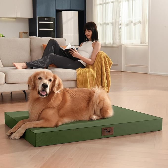 Outdoor Extra Large Dog Crate Bed, XXL Waterproof Dog Bed for Giant Breeds Dogs, 47x29 Inch Orthopedic Egg Crate Foam Pet Mat with Removable Cooling Cover, Amy Green