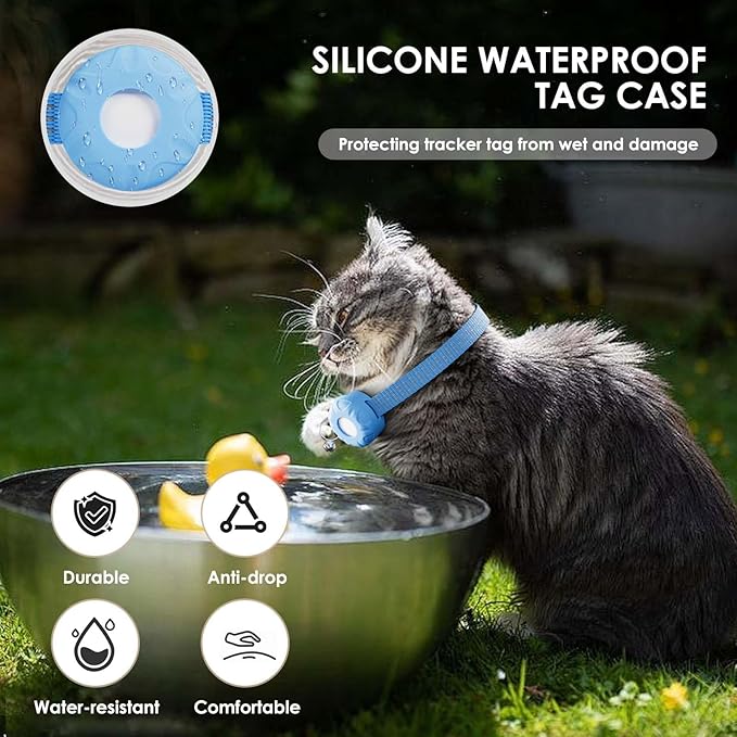 Cat GPS Tracker, Smart Cat Tracker Compatible with Apple Find My App (Only iOS), No Monthly Fee, Waterproof, Breakaway Collar Included (White Tracker, Blue Cat Collar)