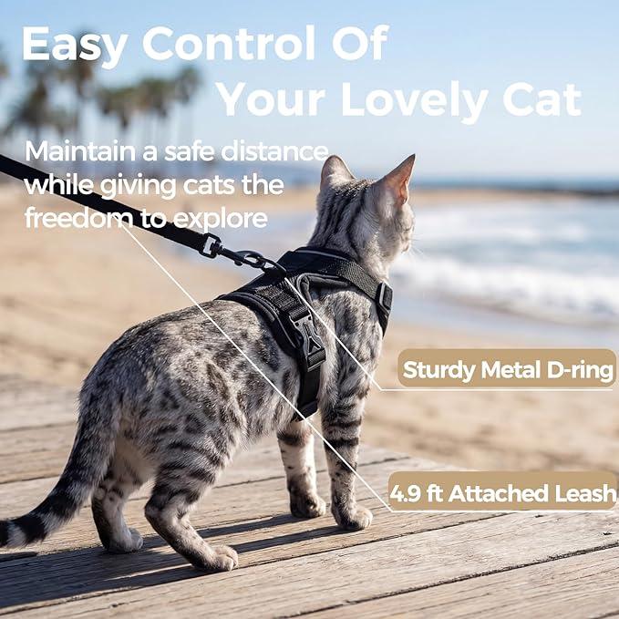 Cat Harness and Leash Set Escape Proof Tactical Extra Large Kitten Harness Emotional Support Cat Vest, Black, XL