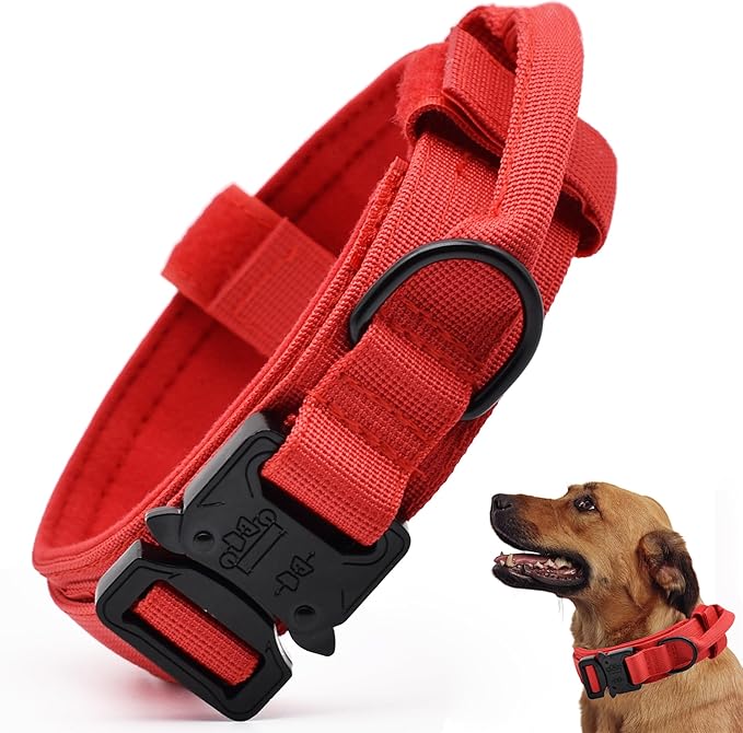 Tactical Dog Collar, Adjustable Military Training Nylon Dog Collar with Control Handle and Heavy Quick-Release Metal Buckle for Small Medium Large Dogs, Red XL
