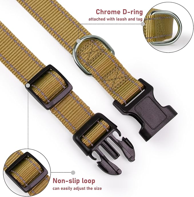 Reflective Dog Collar with Buckle Adjustable Safety Nylon Collars for Small Medium Large Dogs, Brown M
