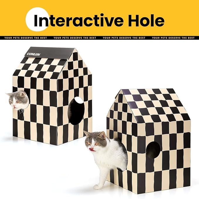 Cardboard Cat House with Scratch Pad & Catnip, Cat Play Scratching House for Indoor Hideaway Furniture, Heavy Duty Sturdy Cardboard Scratcher, Easy to Assemble Birthday Gift, Medium, 2 Pack
