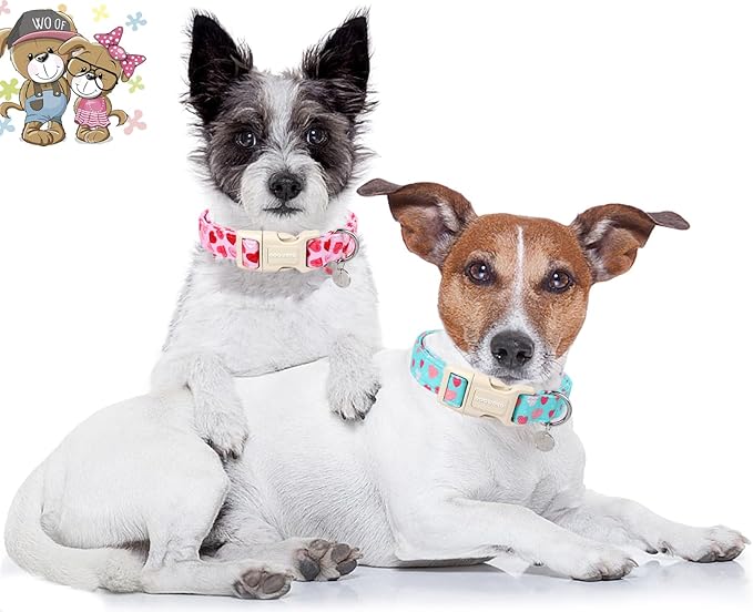 DOGWONG Valentine's Dog Collar - Pink Heart Adjustable Cotton Heart Dog Collar - Perfect for Small, Medium, Large Dogs
