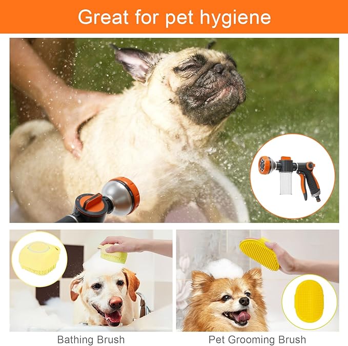Garden Hose Nozzle, 8 Spray Patterns Dog Wash with Soap Dispenser, Pressure Hand Sprayer with Flow Control for Watering Plants & Lawns, with Pet bathing tools and car washing gloves