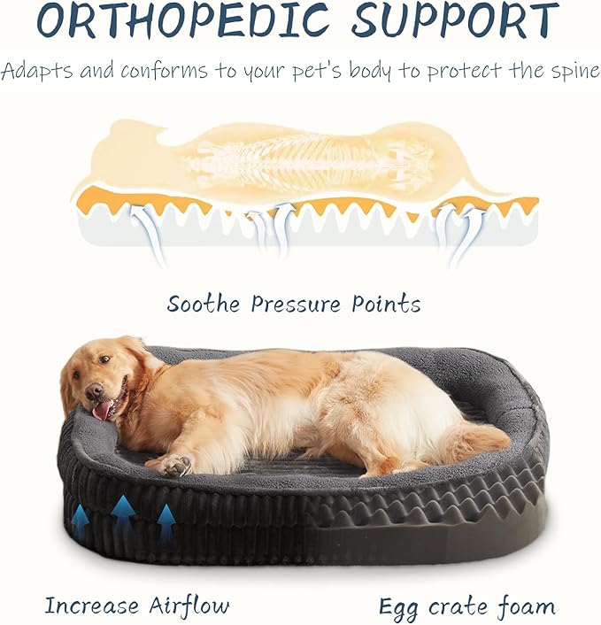 Orthopedic Dog Bed for Extra Large Dogs Breeds, High Density Egg Crate Foam Dog Sofa Beds,Oval Kennel Bed, Pet Couch Bed with Four Sided Bolster, Removable Washable Cover& Non-Slip Bottom