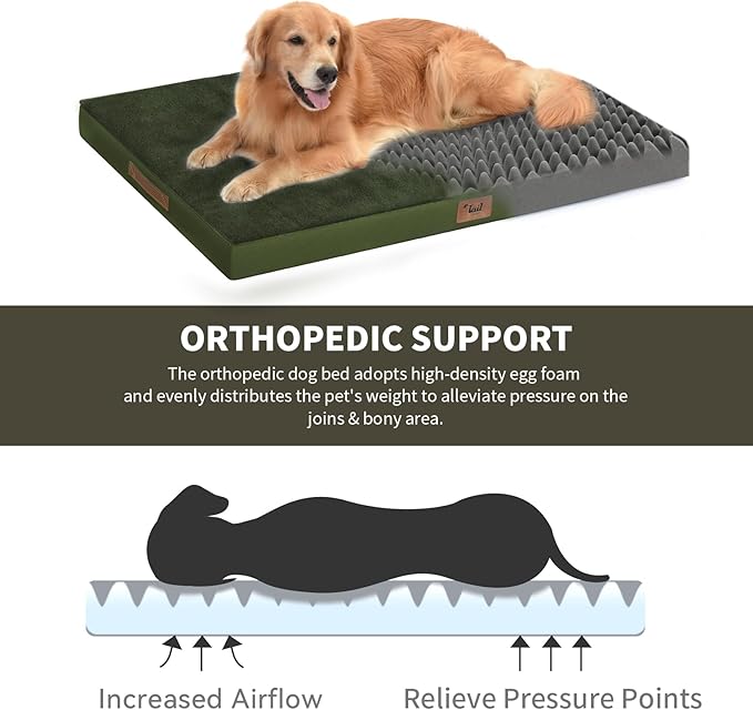 Plush Dog Bed for Medium Dogs, Waterproof Dog Crate Mat Orthopedic Egg Crate Foam Pet Bed with Washable Removable Oxford Cover, Olive Green