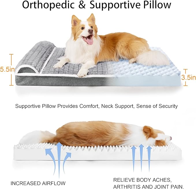 Orthopedic Dog Bed Medium Size Dog with Pillow 30''X20'', Waterproof Soft Comfortable Egg Crate Foam Pet Crate Beds Mat with Removable Washable Cover and Non-Slip Bottom, Grey