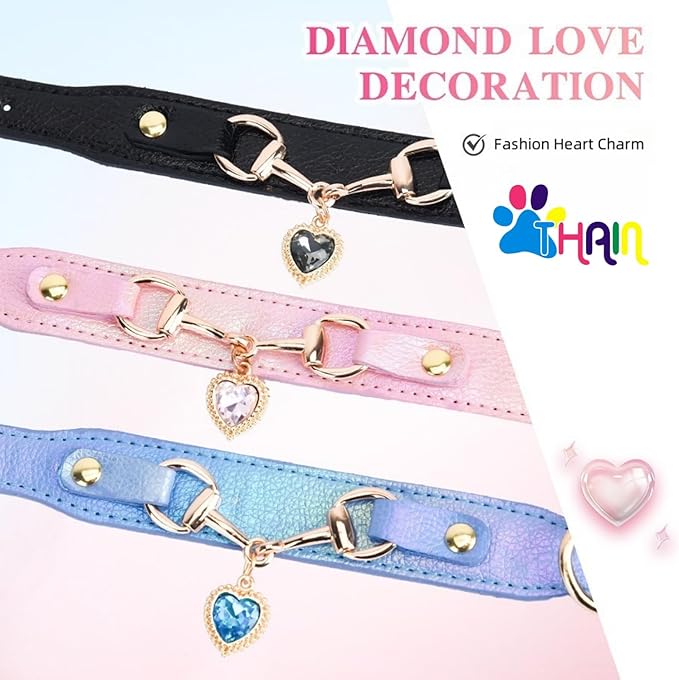 THAIN Fashion Dog Collar with Bling Diamonds & Heart Charm – 5 Holes Adjustable PU Leather Rhinestones Necklace Collar, Gold Buckle for Medium Dogs Girl (Pink, M)