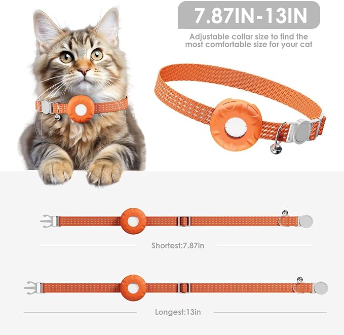 Cat Tracker, GPS Tracker Compatible with Apple Find My App(Only iOS), Waterproof Cat Tracker Collar with Bell and Safety Elastic Buckle, No Monthly Fee, Works with Any Collar (Orange)