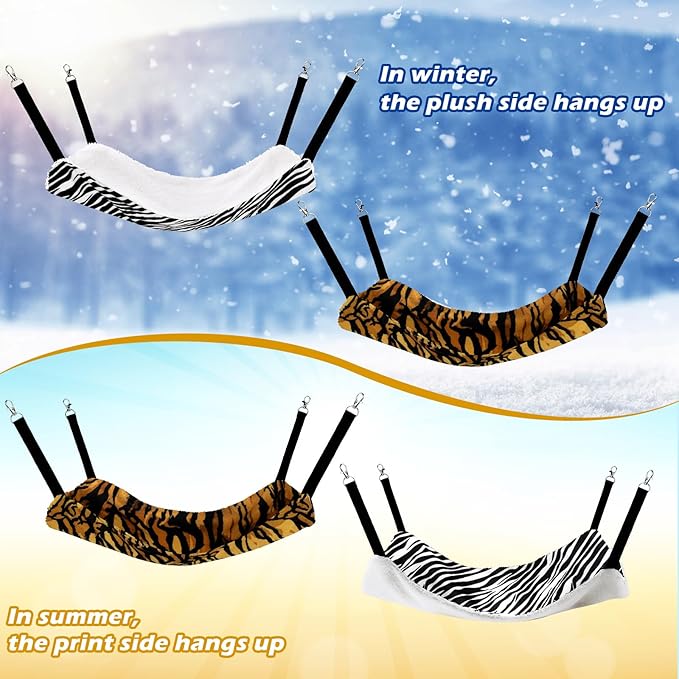 Jetec 2 Pack Cat Hammock for Cage, Catio Accessories Reversible Soft Cats Bed with Adjustable Straps and Hooks Double-Sided Linen and Fleece Hanging Hammock for Cats, Kitten(Zebra, Tiger Stripes,L)