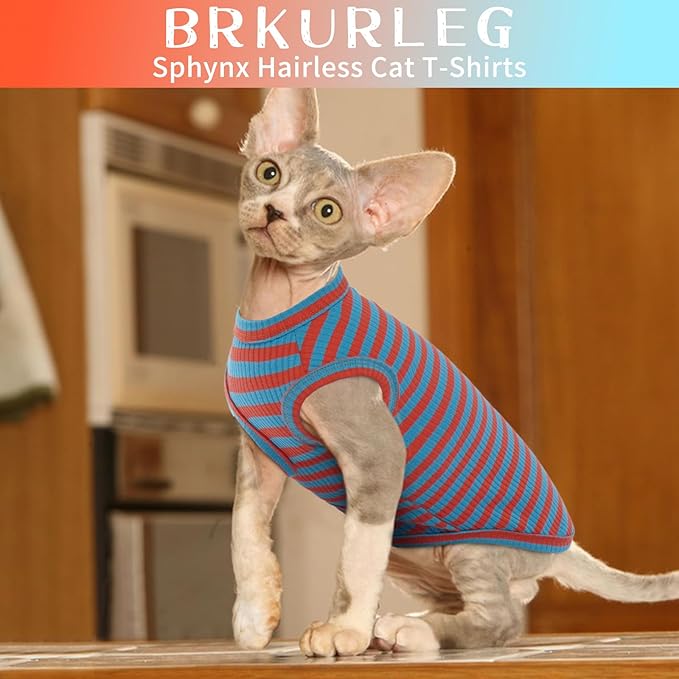 BRKURLEG Hairless Cats T Shirt, Cat Sweaters, Pullover Kitten Shirts, Sleeveless Round Collar Cotton Vest for Cornish Rex Devon Rex Peterbald and Small Dogs Sweater(OrangeBlue Stripes, M)