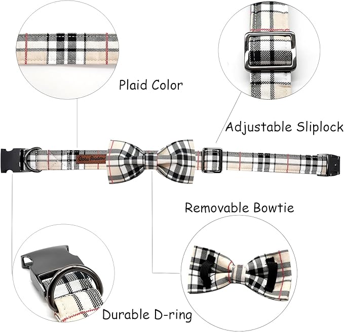 Dog Collar- Plaid Pet Collar Cute Pet Bow Soft Girl or Boy Dog Collars with Metal Buckle Adjustable Collar Cotton Comfortable Pet Collars for X-Small Puppies