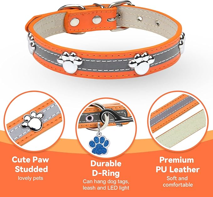 PETCARE Reflective Dog Collar with Cute Paw Rivet Studded Funny Soft PU Leather Adjustable Puppy Dog Collars for Small Medium Large Dogs Cats (Orange,Small)