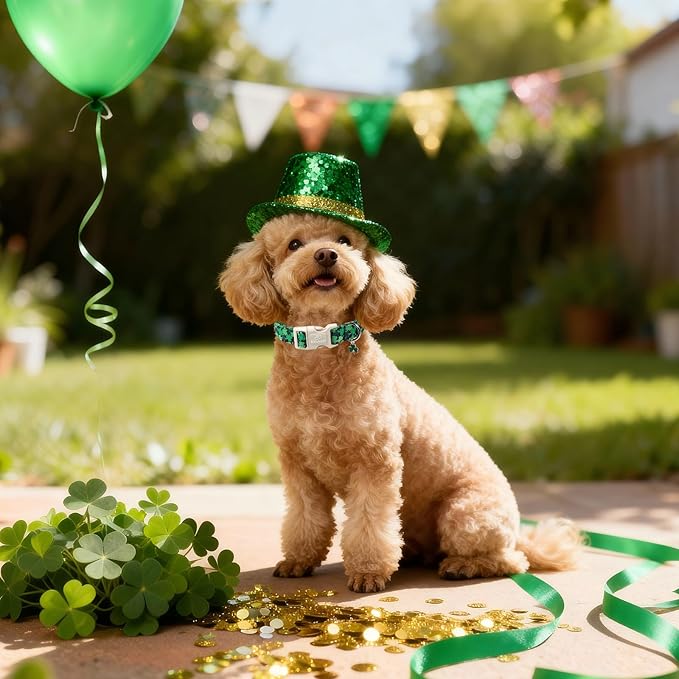 St Patricks Day Dog Collar for Large Dogs - Green Lucky Clover Dog Collars, Lightweight Adjustable Irish Festival Shamrock Dogs Collars with Quick Release Buckle L