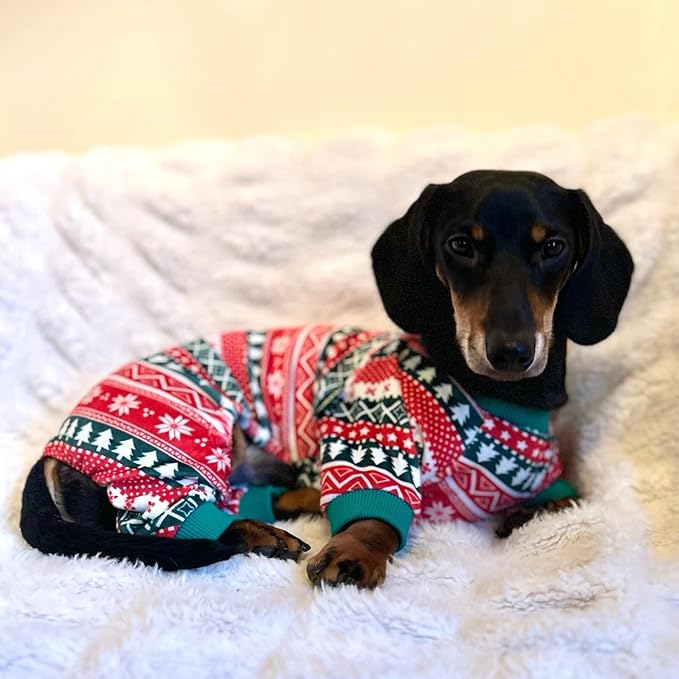 Fitwarm Dog Christmas Outfit, Holiday Pet Clothes for Small Dogs Boy Girl, Festive Pajamas with Feet, Puppy Onesie, Red, Green, Small
