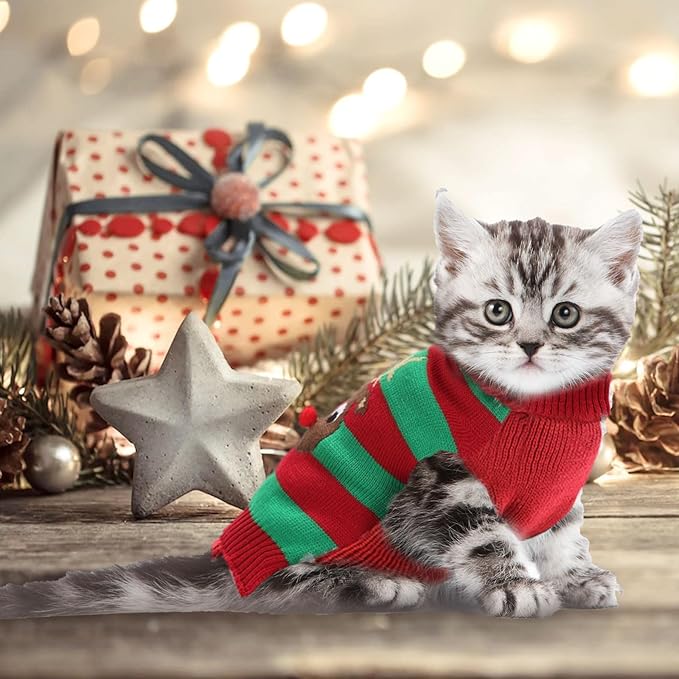 Dog Cat Christmas Sweater Boy Girl Ugly Reindeer Xmas Pet Clothes Holiday Puppy Costume New Year Gifts for Small Medium Large Dogs Outfits (XS, Red Green Stripe Reindeer)