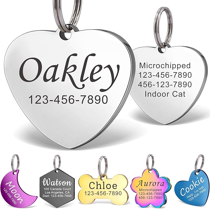 Anavia Personalized Pet ID Tags, Stainless Steel Glossy Laser Engraved Dog Cat Collar Name Tags, Multiple Colors Shapes Sizes (Heart, Small)