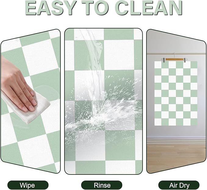 Checkered Dog Cat Feeding Mat, 17'' x 28'' Large Dog Food Mats, Absorbent Pet Feeding Mat for Food and Water Bowl, Dispenser, Checkerboard Pet Placemat with Rubber Backing, Green & White