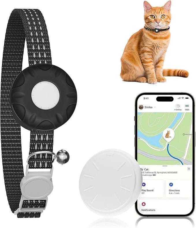 Cat Tracker, Lightweight Pet Tracker for Cats, No Monthly Fee Cat GPS Tracker Compatible with Apple Find My App(Only iOS), Real-Time Tracking, Precise Positioning, Smart Alerts, Waterproof