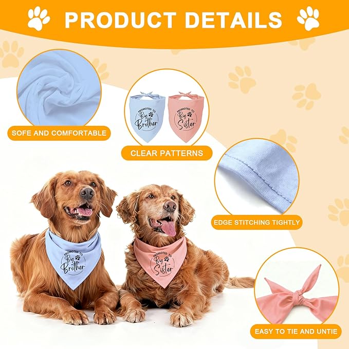 2 Pack Dog Bandana Pregnancy Announcement, Promoted to Big Brother and Sister Gender Reveal Puppy Dog Scarf Accessories, Adjustable Pet Bandana Scarf for Small Medium Large Dogs