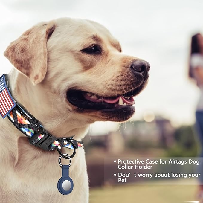 DAGANXI Tactical Dog Collar, Adjustable Military Training Nylon Dog Collar with Control Handle and Heavy Metal Buckle for Medium and Large Dogs, with Patches and Airtags Case (L, Colorful Triangle)
