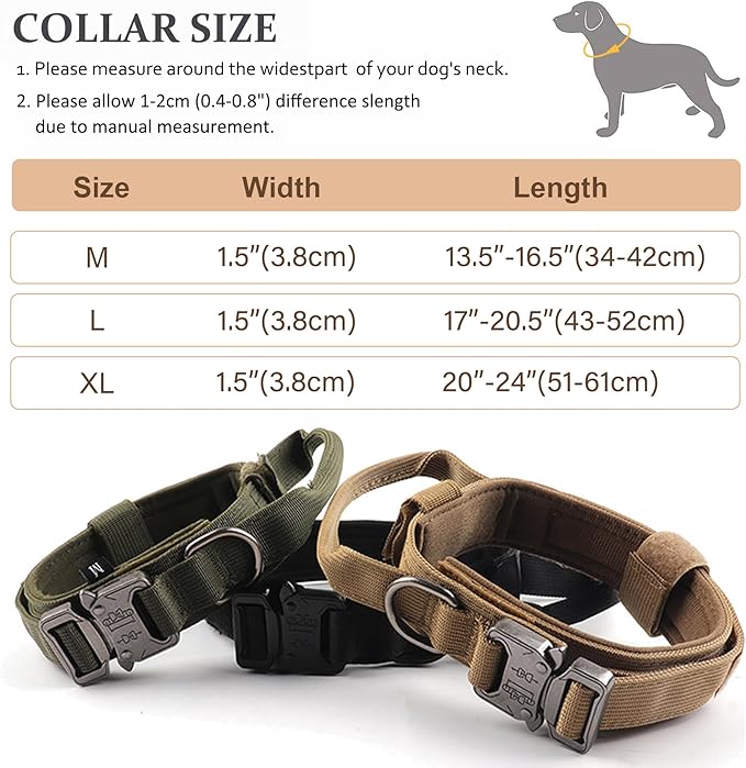 Tactical Dog Collar, Adjustable Military Training Nylon Dog Collar with Control Handle and Heavy Quick-Release Metal Buckle for Small Medium Large Dogs, Brown L