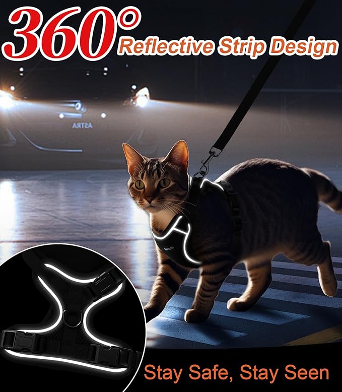 Cat Harness and Leash for Walking Escape Proof Soft Adjustable Cat Leash Breathable Comfortable Vest Easy to Wear Kitten Harness for Outdoor Travel Black XS