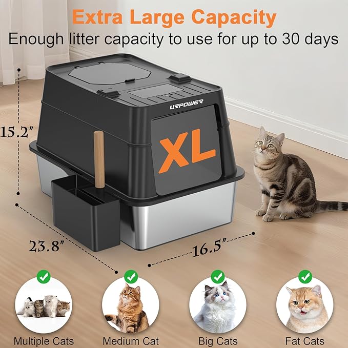 URPOWER Stainless Steel Cat Litter Box with Lid 110° Flip-Top Extra Large Enclosed Litter Box Non-Sticky Metal Pan with High Sided & Scoop, Odor Free, Front & Top Entry, Anti-Leakage, Easy Cleaning