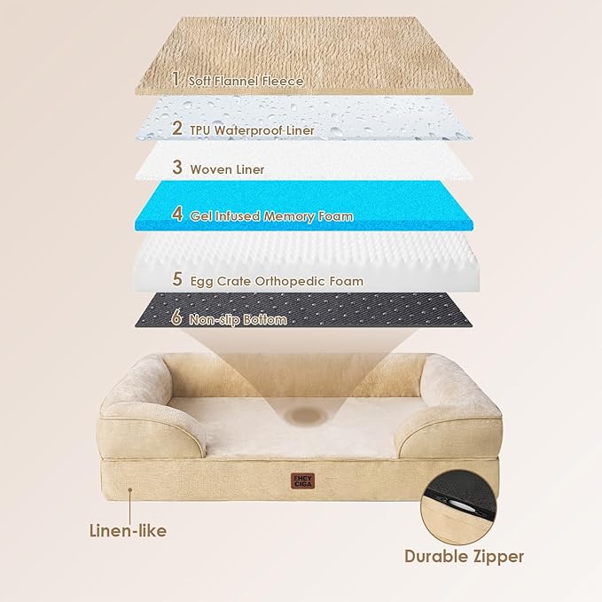 EHEYCIGA Orthopedic XL Dog Beds, Waterproof Memory Foam Dog Bed for Extra Large Dogs, Non-Slip Bottom and Egg-Crate Foam Big Pet Couch Bed with Washable Removable Cover, Graige