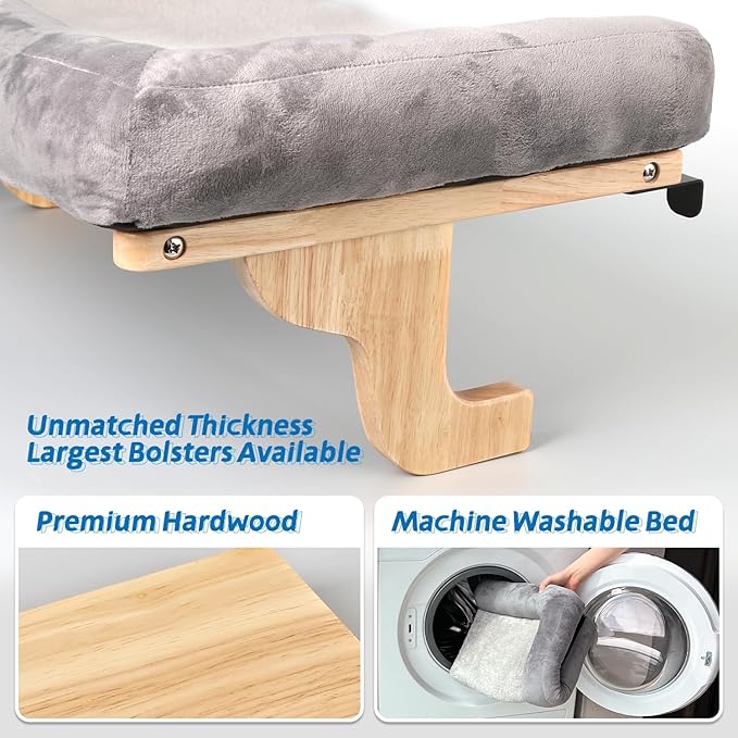Zakkart Cat Perch for Window Sill with Bolster - Orthopedic Hammock Design with Premium Hardwood & Robust Metal Frame - Cat Window Seat for Large Cats and Kittens - Natural Color Wood Gray Bed, 24''W