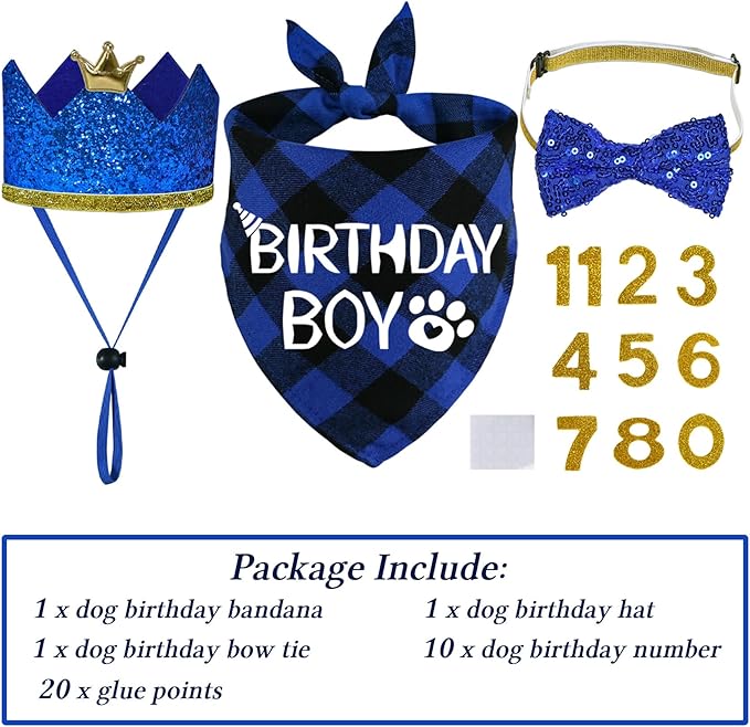 STMK Dog Birthday Party Supplies, Multi Size Dog Birthday Hat with Numbers Bandana Bow Tie for Small Dogs Pets (Blue, Small)
