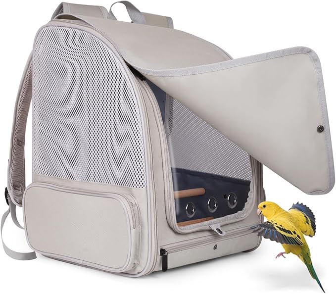 Bird Backpack Carrier with Front Zipper Opening, Portable Bird Travel Carrier Cage with 2 Standing Perches and Metal Tray, Breathable Transport Bag for Parakeet, Budgie, Conure, Cockatiel, Parrot