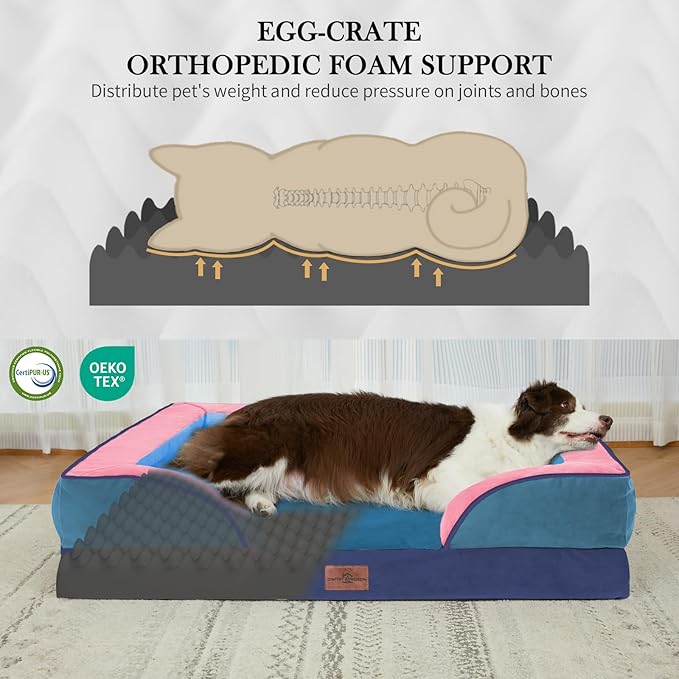 Comfort Expression Orthopedic Dog Bed for Extra Large Dogs 45x35 Inch, Waterproof Egg Crate Foam XL Pet Bed with Removable Bolsters, Dog Couch with Washable Cover & Non-Slip Bottom, Enchanted Cove