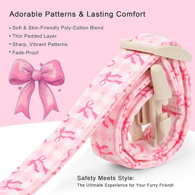 Girl Dog Collar for Medium Dogs - Cute Pink Plaid & Bow Print Spring/Summer Puppy Collar, Soft Adjustable Holiday Female Dog Collars with Quick Release Buckle M