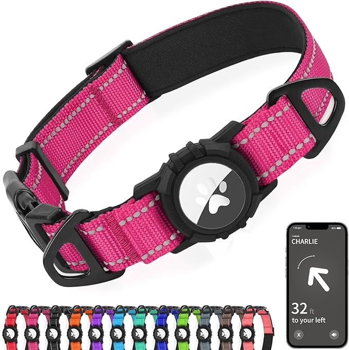 Joytale Airtag Dog Collar, Reflective Pet Collar with Waterproof AirTag Holder, Dual D-Rings, Soft Padded Adjustable for Large Dogs, Hotpink, L