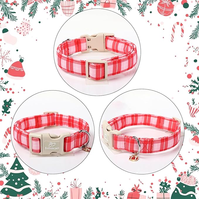 Plaid Dog Collar - Cute Red and Pink Plaid Puppy Collar with Safety Buckle, Soft Adjustable Holiday Dog Collars for Small Medium Large Dogs XS