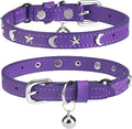 Leather Cat Collars for Boy Girl Cats with Bell and Safety Elastic Belt, Personalized Star and Moon Stud Adjustable Safe Buckle Collar for Kitty Small Big Cats Size 8-12 Inch, Purple