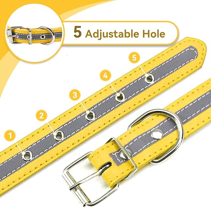 PETCARE Reflective Dog Collar with Cute Paw Rivet Studded Funny Soft PU Leather Adjustable Puppy Dog Collars for Small Medium Large Dogs Cats (Yellow,Small)