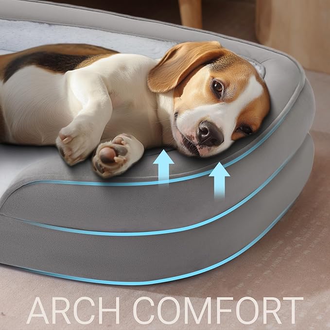 Soft Touch Orthopedic Dog Bed for Large Dogs with Faux Fur Top, Waterproof Pet Couch Bed with Removable Washable Cover and Supportive Foam Filling (Grey, Large)