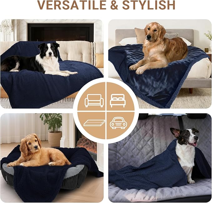 Waterproof Dog Blanket for Medium Dogs - Reversible Washable Pet Blanket, Soft Sherpa Fleece Furniture Protector, Cat Throw Bed Couch, Navy, 30"x40"