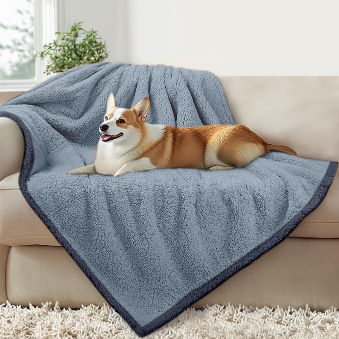 Luciphia Waterproof Pet Blanket for Medium Large Dogs Soft Cat Sherpa Calming Thick Cover Leakproof Cozy Puppy Sofa Bed Car Couch Protector(Blue/Navy,80x63 inches)