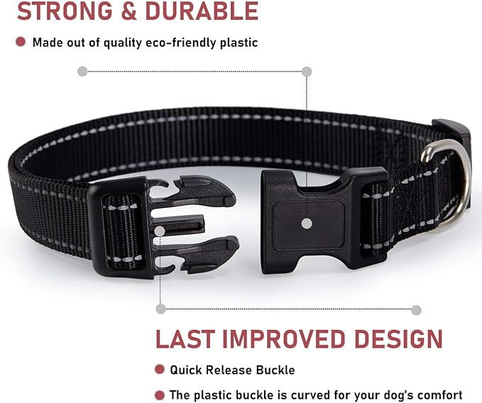 Reflective Dog Collar with Buckle Adjustable Safety Nylon Collars for Small Medium Large Dogs, Black XXS