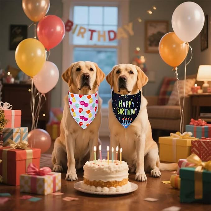 Dog Birthday Bandanas, 2-Pack Reversible 4 Patterns for Medium Large Dogs - Black Boy & White Girl Birthday Scarf, Party Outfit Gift for Pups (14-18" Neck)