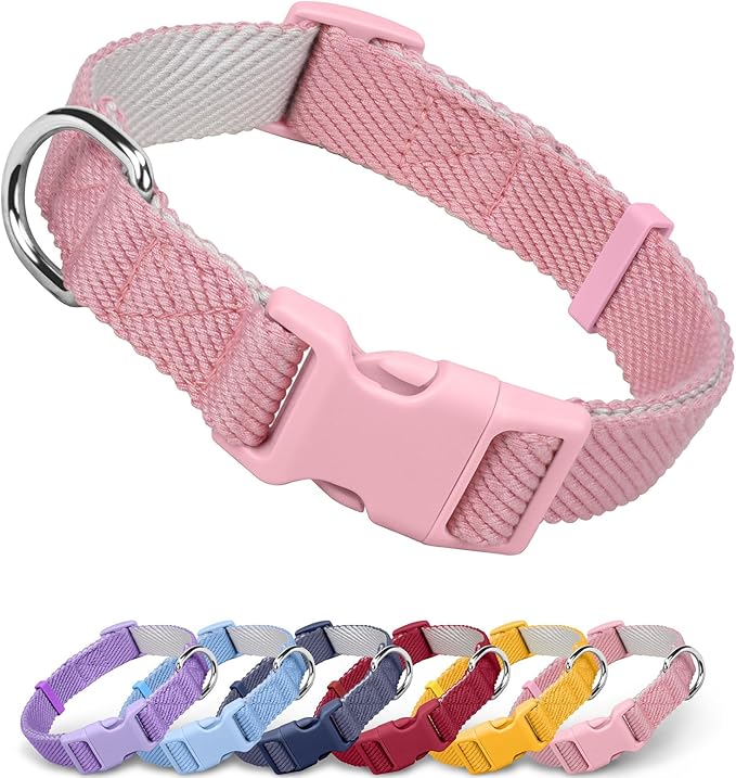 Dynmeow Soft and Breathable Cotton Dog Collar, Durable Adjustable Heavy-Duty Female Girl Pet Collar with Quick-Release Buckle, Lightweight for Sensitive Skin for Large Dogs, Pink, L