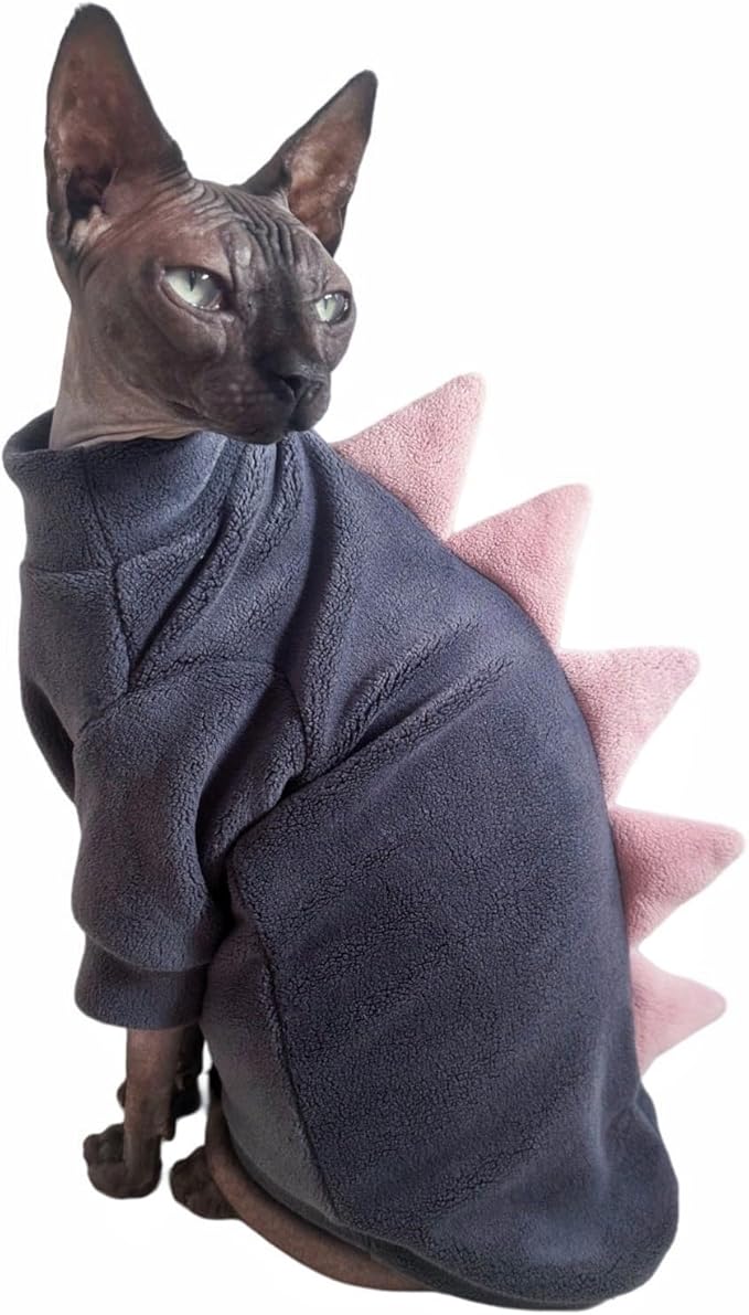 Dinosaur Sphynx Cat Clothes, Soft Polar Fleece Sweater for Cat, Elastic Pet Clothes Thick Winter Warm Outfit for Hairless Cat, Devon, Cornish, Small Dogs Apparel with Sleeves (Grey, Small)